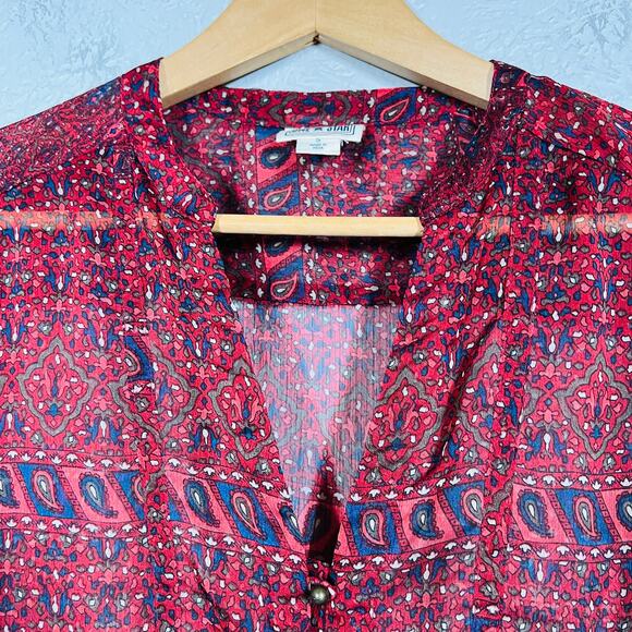 Converse Semi Sheer Ball Button Tunic Top Peasant Blouse Red Print Long Slv - S - Picture 4 of 6